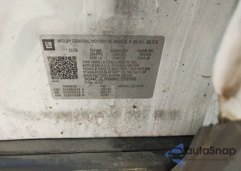 2019 Chevrolet Trax Lt z USA, uszkodzony, nr VIN 3GNCJLSB0KL233562